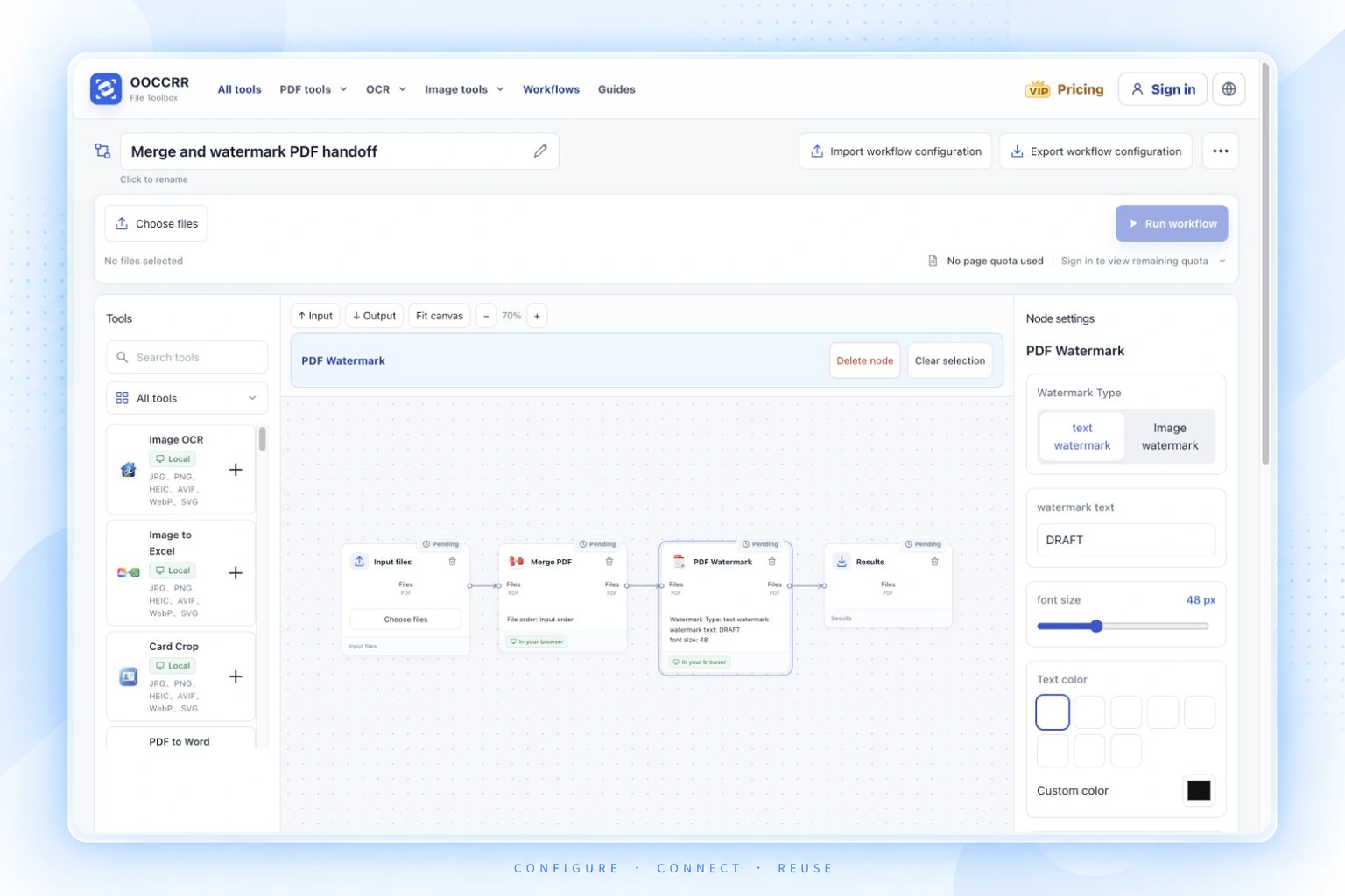 OOCCRR workflow editor with Input files connected to Merge PDF, PDF Watermark, and Results